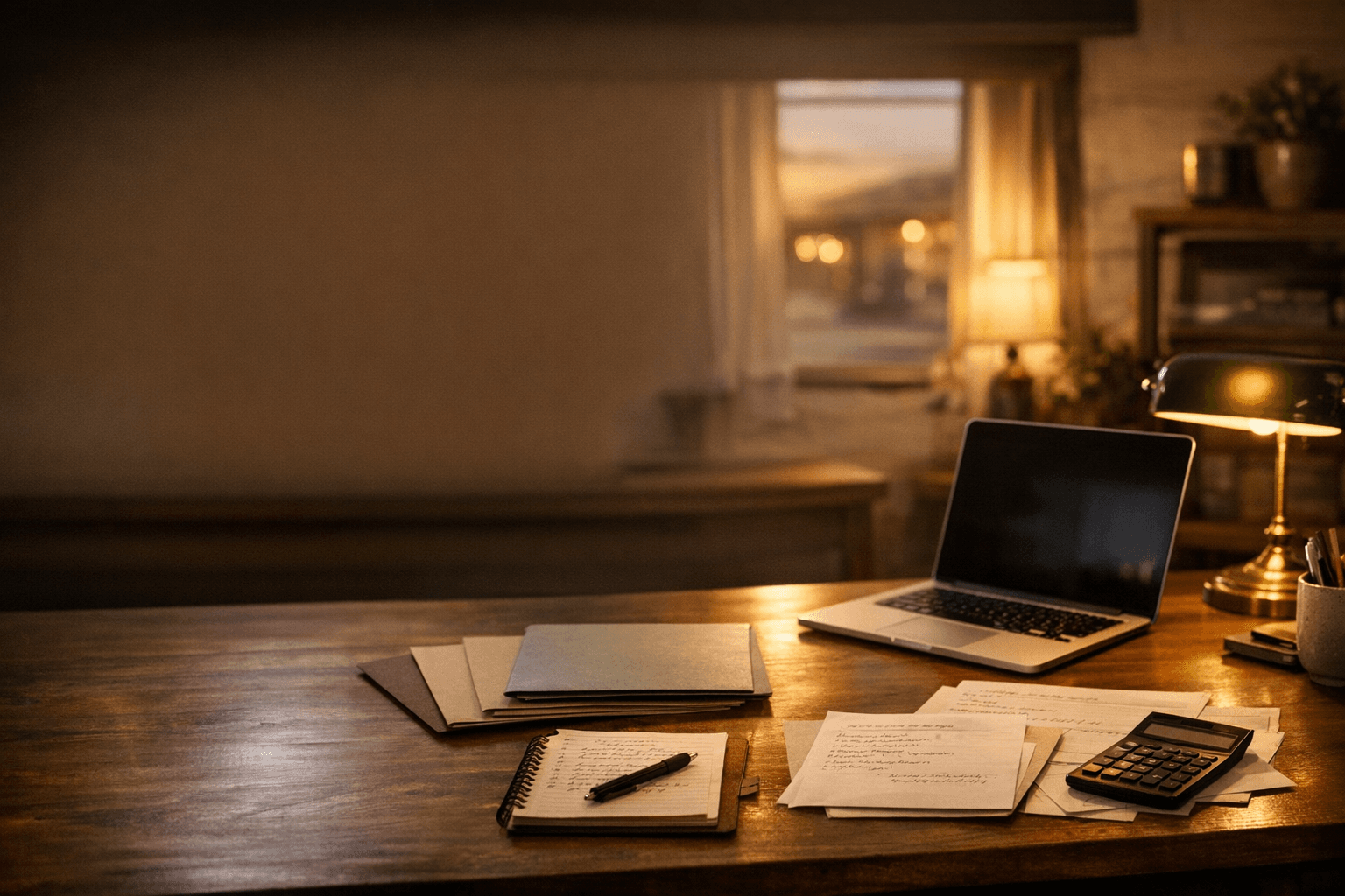 Warm pricing review desk with deal folders and acquisition planning materials